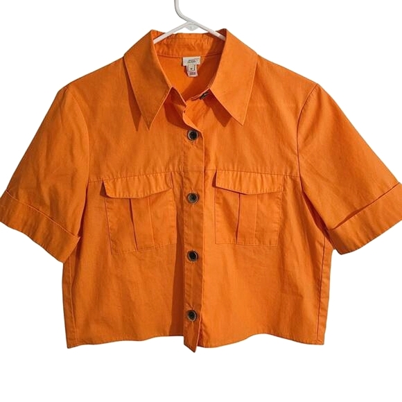 River Island Ukraine Orange Cropped Button Down Shirt 6 Casual Boxy Summer New‎ - Picture 1 of 5